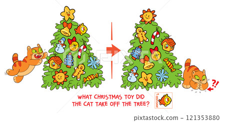 Find the differences puzzle game. What Christmas toy did the cat take off the tree Find the differences puzzle game. What Christmas toy did the cat take off the tree 121353880