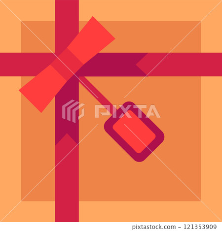 Festive orange gift box wrapped with a vibrant red ribbon and bow, featuring a blank red label, perfect for birthdays, holidays, or any special celebration 121353909
