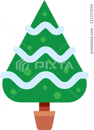 Stylized green christmas tree with light blue snow and balls decorations growing in a terracotta pot, isolated illustration on white background Stylized green christmas tree with light blue snow and balls decorations growing in a terracotta pot, isolated illustration on white background 121353954
