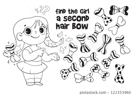 Find two same items. Find the girl a second hair bow. Coloring book Find two same items. Find the girl a second hair bow. Coloring book 121353960