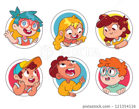Cartoon collection of little kids portraits. Children peek out of the symbolic circle Cartoon collection of little kids portraits. Children peek out of the symbolic circle 121354116