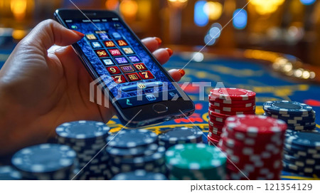 Close-up of a hand holding a smartphone displaying a gambling app, surrounded by colorful poker chips in a casino setting 121354129