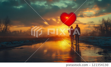 Romantic couple holding a red heart-shaped balloon walking on a snowy path at sunrise 121354130