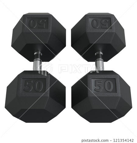 Hex Dumbbells with number 50, weightlifting gym equipment side view. Png clipart isolated on transparent background 121354142