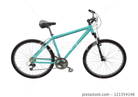 Blue teal bicycle, side view. Black leather saddle and handles. Png clipart isolated on transparent background 121354146