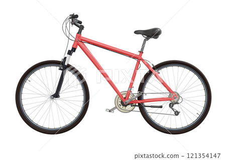 Red bicycle, side view. Black leather saddle and handles. Png clipart isolated on transparent background 121354147