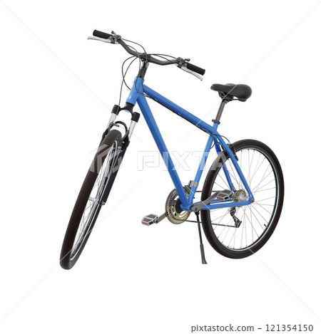 Blue bicycle standing while leaning on kickstand, side front view. Bike resting on kick stand. Png clipart isolated on transparent background 121354150