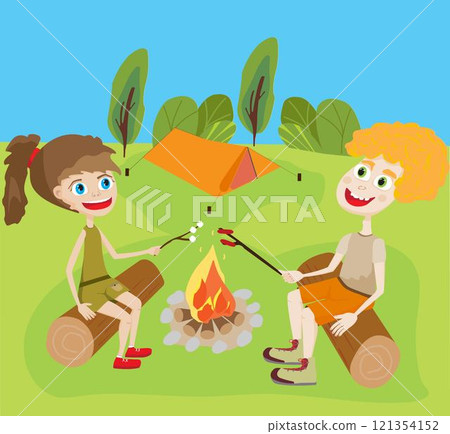 Two teenagers at campfire sitting on logs on a green field Two teenagers at campfire sitting on logs on a green field 121354152