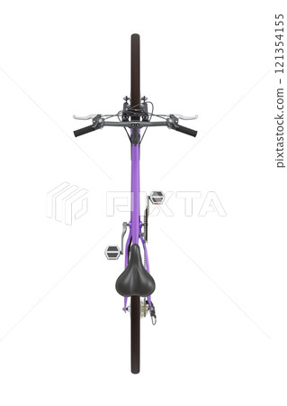 Purple bicycle, top view. Black leather saddle and handles. Png clipart isolated on transparent background 121354155