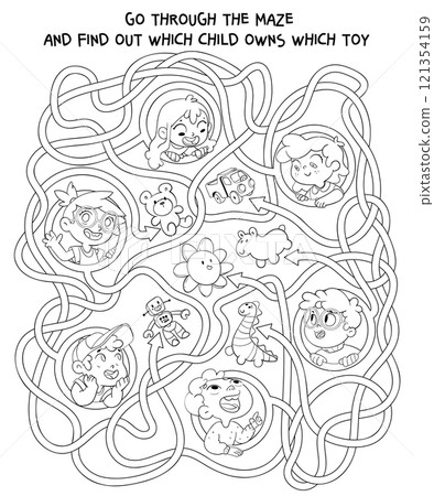 Children logic game to pass the maze. Worksheet page. Coloring book 121354159