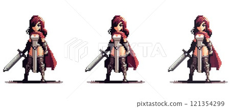 Fierce female warrior in exquisite armor, confident with a big sword on a white background, in pixel style 121354299