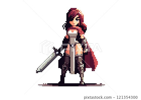 Fierce female warrior in exquisite armor, confident with a big sword on a white background, in pixel style Fierce female warrior in exquisite armor, confident with a big sword on a white background, in pixel style 121354300
