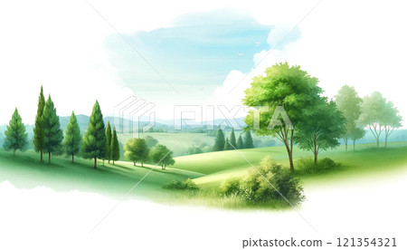 Rural landscape with blue sky and lush green hills [Nature/Background design material] 121354321