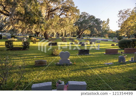 Cemetery graveyard with many tombstones at sunset. Burial place under southern oak trees on green grass in Orlando, Florida 121354499