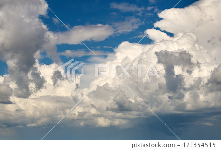Bright landscape of blue sky with flying white clouds. Colorful summer skyscape 121354515
