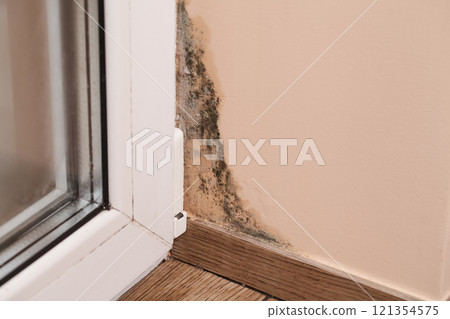 Problems Ventilation. Stains of toxic Mold, Fungal Bacteria on Wall in Corner Window. Moisture. High Humidity. Problems Ventilation. Stains of toxic Mold, Fungal Bacteria on Wall in Corner Window. Moisture. High Humidity. 121354575