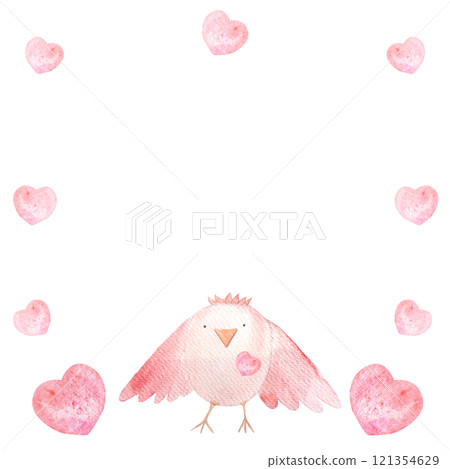 Cute bird standing among pink hearts hand painted watercolor frame isolated on white. High quality pink clip art in cartoon style great for children products, packages, St Valentine cards, stationary Cute bird standing among pink hearts hand painted watercolor frame isolated on white. High quality pink clip art in cartoon style great for children products, packages, St Valentine cards, stationary 121354629