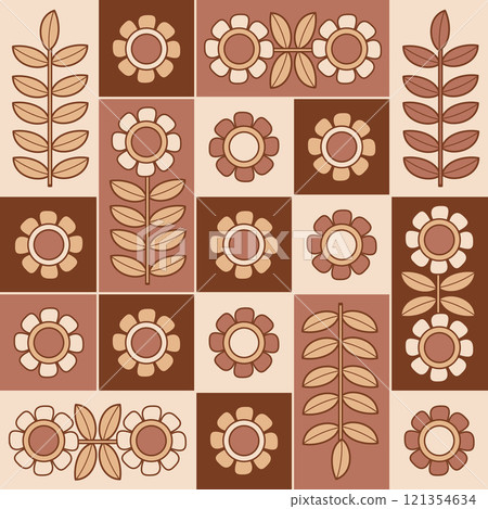 Retro Floral Pattern with vintage flowers and leaves in warm beige and brown tones. Minimal impactful backdrop in Mocha Mousse color year 2025. Vector illustration. Perfect for modern designs. Retro Floral Pattern with vintage flowers and leaves in warm beige and brown tones. Minimal impactful backdrop in Mocha Mousse color year 2025. Vector illustration. Perfect for modern designs. 121354634
