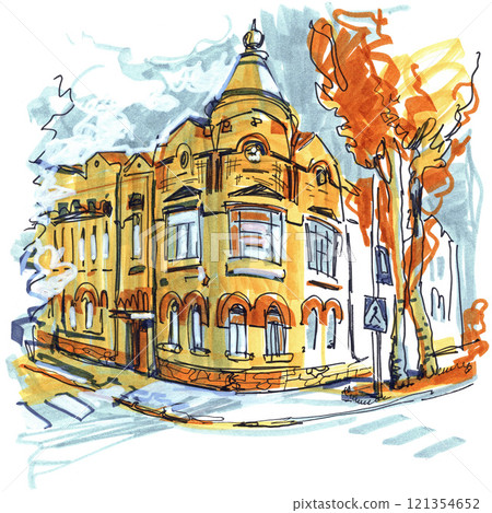 Painted watercolor landscape with a building in the foreground Painted watercolor landscape with a building in the foreground 121354652