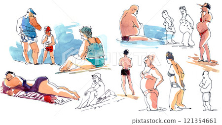 Watercolor painted people relaxing on the beach. Freehand sketch Watercolor painted people relaxing on the beach. Freehand sketch 121354661
