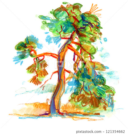 Hand-drawn colorful image of a lone tree 121354662
