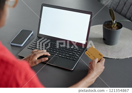 High angle shot of graphite table with laptop, smartphone and plant in clay pot on top, unrecognizable woman holding golden credit card High angle shot of graphite table with laptop, smartphone and plant in clay pot on top, unrecognizable woman holding golden credit card 121354867