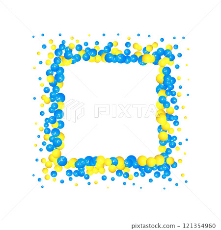 Frame made of mother-of-pearl color pearls. Festive decor element. Photo frame. Yellow and blue. EPS 10 121354960