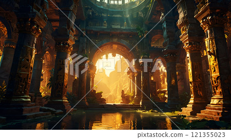 Ruins of Opulent ancient Temple of lost Lemuria civilization bathed in golden sun light. culture concept. Ai generated Ruins of Opulent ancient Temple of lost Lemuria civilization bathed in golden sun light. culture concept. Ai generated 121355023