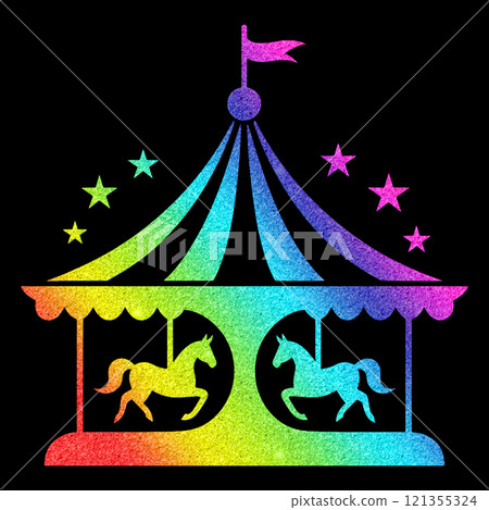A fairytale merry-go-round with a rainbow-colored gradient silhouette illustration, cut out on a black background 121355324