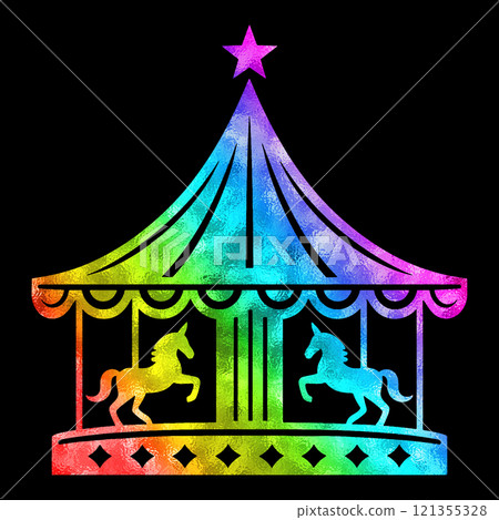 A fairytale merry-go-round with a rainbow-colored gradient silhouette illustration, cut out on a black background A fairytale merry-go-round with a rainbow-colored gradient silhouette illustration, cut out on a black background 121355328