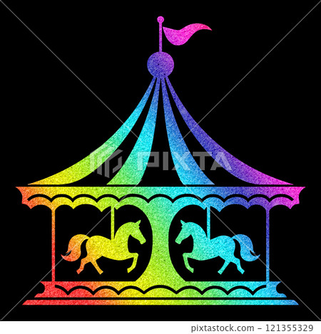 A fairytale merry-go-round with a rainbow-colored gradient silhouette illustration, cut out on a black background A fairytale merry-go-round with a rainbow-colored gradient silhouette illustration, cut out on a black background 121355329