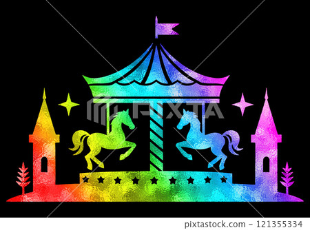 A fairytale merry-go-round with a rainbow-colored gradient silhouette illustration, cut out on a black background A fairytale merry-go-round with a rainbow-colored gradient silhouette illustration, cut out on a black background 121355334