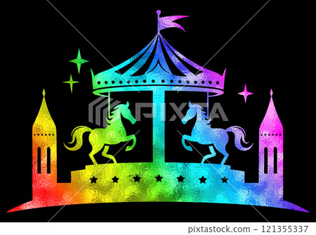 童話般的旋轉木馬的彩虹色漸變剪影插圖，黑色背景上的切口 121355337