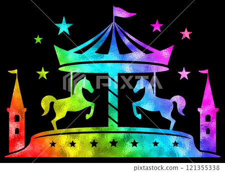 A fairytale merry-go-round with a rainbow-colored gradient silhouette illustration, cut out on a black background A fairytale merry-go-round with a rainbow-colored gradient silhouette illustration, cut out on a black background 121355338