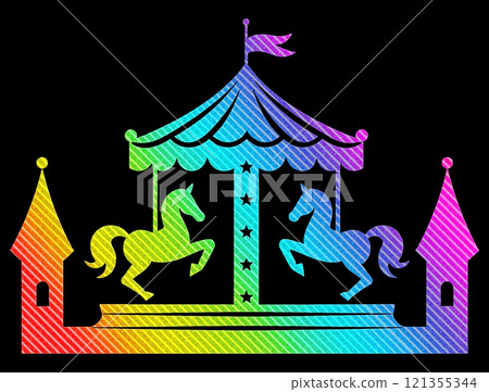 A fairytale merry-go-round with a rainbow-colored gradient silhouette illustration, cut out on a black background 121355344