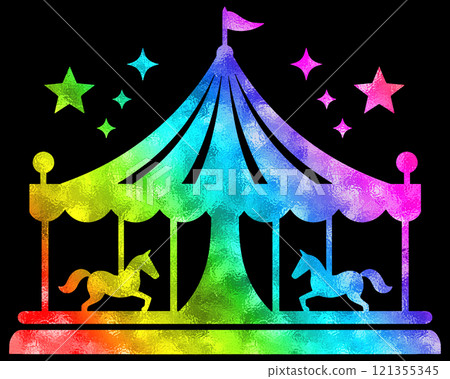 A fairytale merry-go-round with a rainbow-colored gradient silhouette illustration, cut out on a black background 121355345