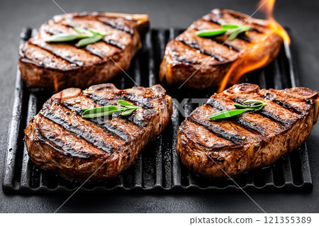 Grilled Steak with Flames and Fresh Herbs on a Grill Pan 121355389