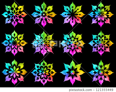 Rainbow color gradient silhouette illustrations of flowers of various shapes, cut out on black background Rainbow color gradient silhouette illustrations of flowers of various shapes, cut out on black background 121355449