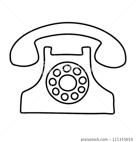 Simple hand-drawn line illustration of a retro telephone, cut out on transparent background 121355659