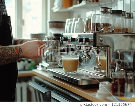 barista making coffee with milk 121355674