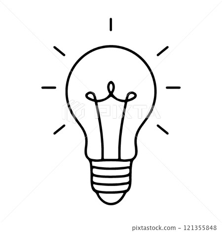 A simple hand-drawn line drawing of a glowing light bulb, cut out on a transparent background 121355848
