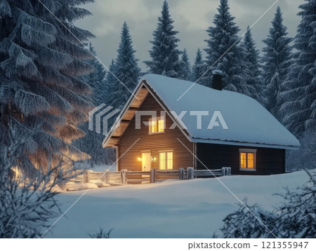 beautiful winter landscape with small country house 121355947