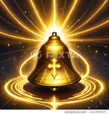 A golden bell with a cross on it sits on a dark background. Rays of light emanate from the bell, creating a glowing effect. 121356371