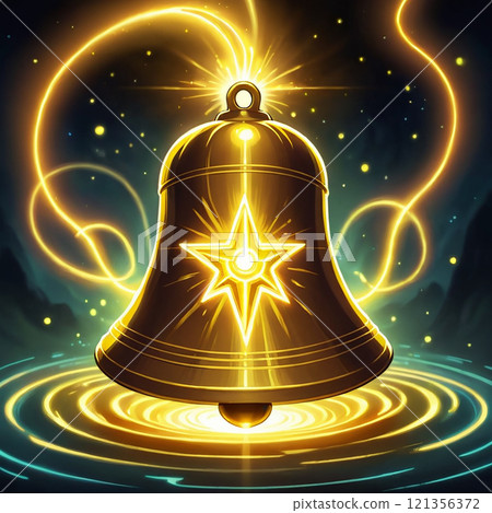 A golden bell with a starshaped emblem glows brightly, surrounded by golden light and ripples. The bell is suspended above a dark blue surface with a swirling pattern. A golden bell with a starshaped emblem glows brightly, surrounded by golden light and ripples. The bell is suspended above a dark blue surface with a swirling pattern. 121356372