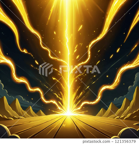 A bright golden light beam pierces a dark sky and strikes a wooden platform in a desert landscape, creating a dazzling, radiant explosion. The beam is surrounded by glowing, swirling energy. A bright golden light beam pierces a dark sky and strikes a wooden platform in a desert landscape, creating a dazzling, radiant explosion. The beam is surrounded by glowing, swirling energy. 121356379