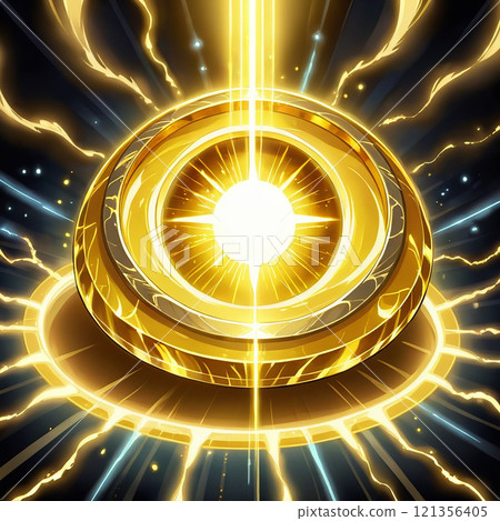 A glowing golden ring with a bright, white star in its center, radiating light and surrounded by a halo of energy. 121356405