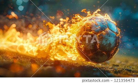 A soccer ball on fire in the grass with a green background, AI A soccer ball on fire in the grass with a green background, AI 121356473