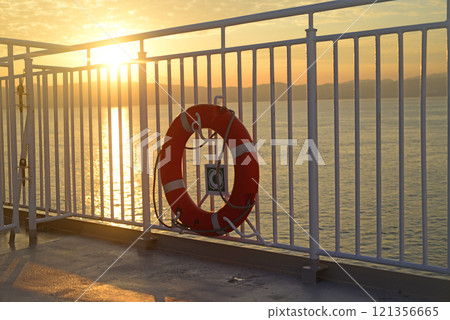 Awaji Island sunrise and ferry boat lifebuoy 121356665