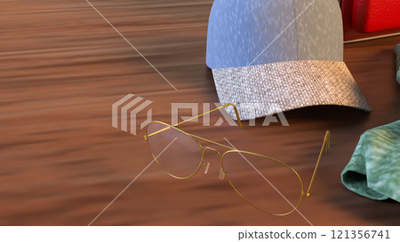The Cap and Bag on wood table  for travel or holiday concept 3d rendering. 121356741