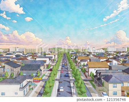 House, residential, town, city, hand-drawn style, BG, watercolor style, morning and evening House, residential, town, city, hand-drawn style, BG, watercolor style, morning and evening 121356746